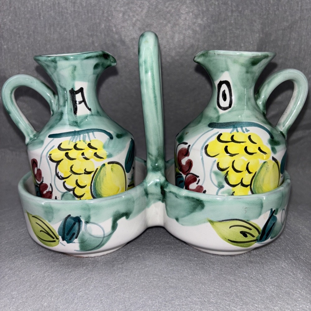 Vintage P. Sorrentino Ravello Oil & Vinegar Cruets W/Caddy Hand painted In Italy